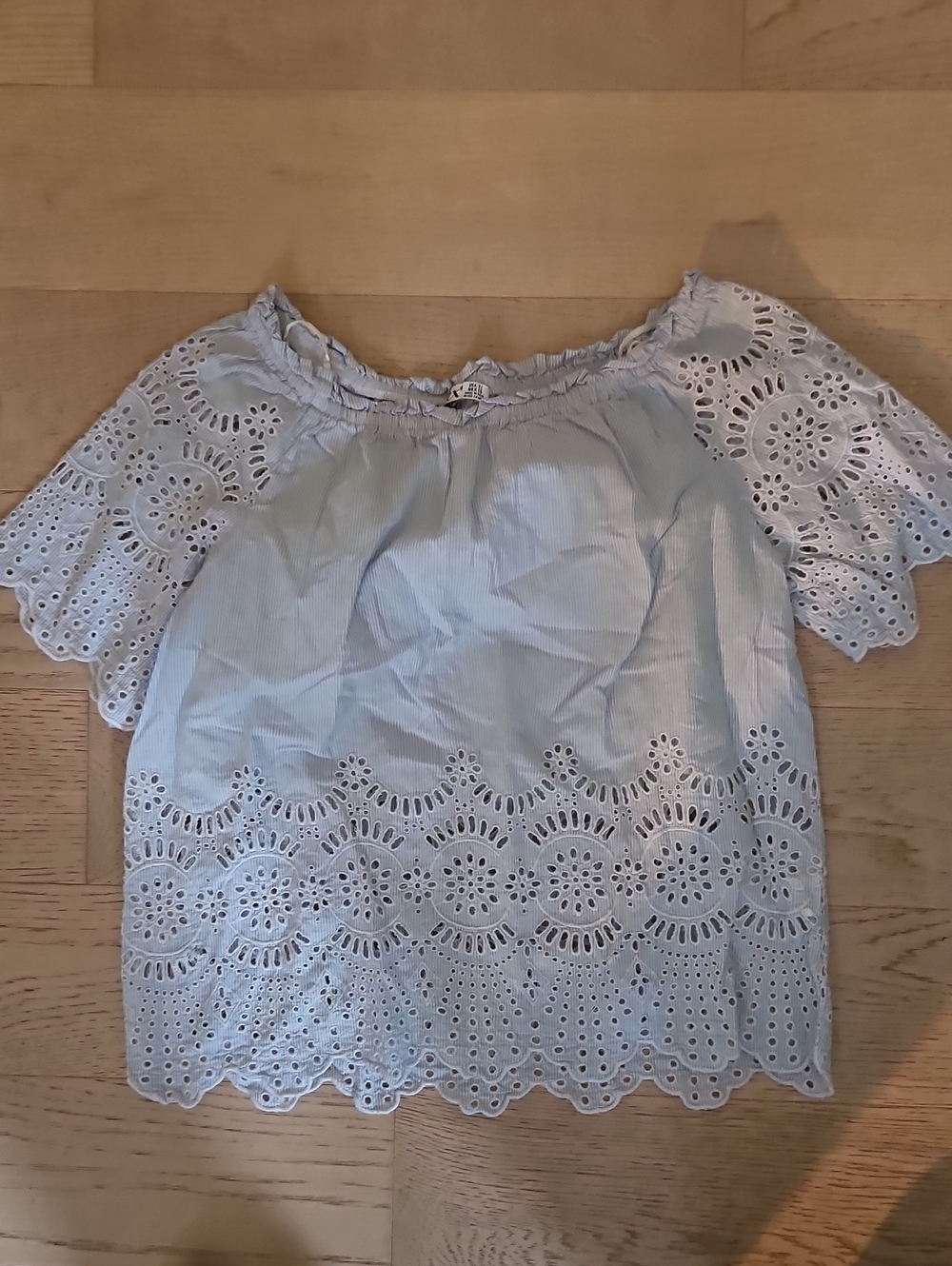 Light Blue Eyelet Lace Off-Shoulder Girls Top